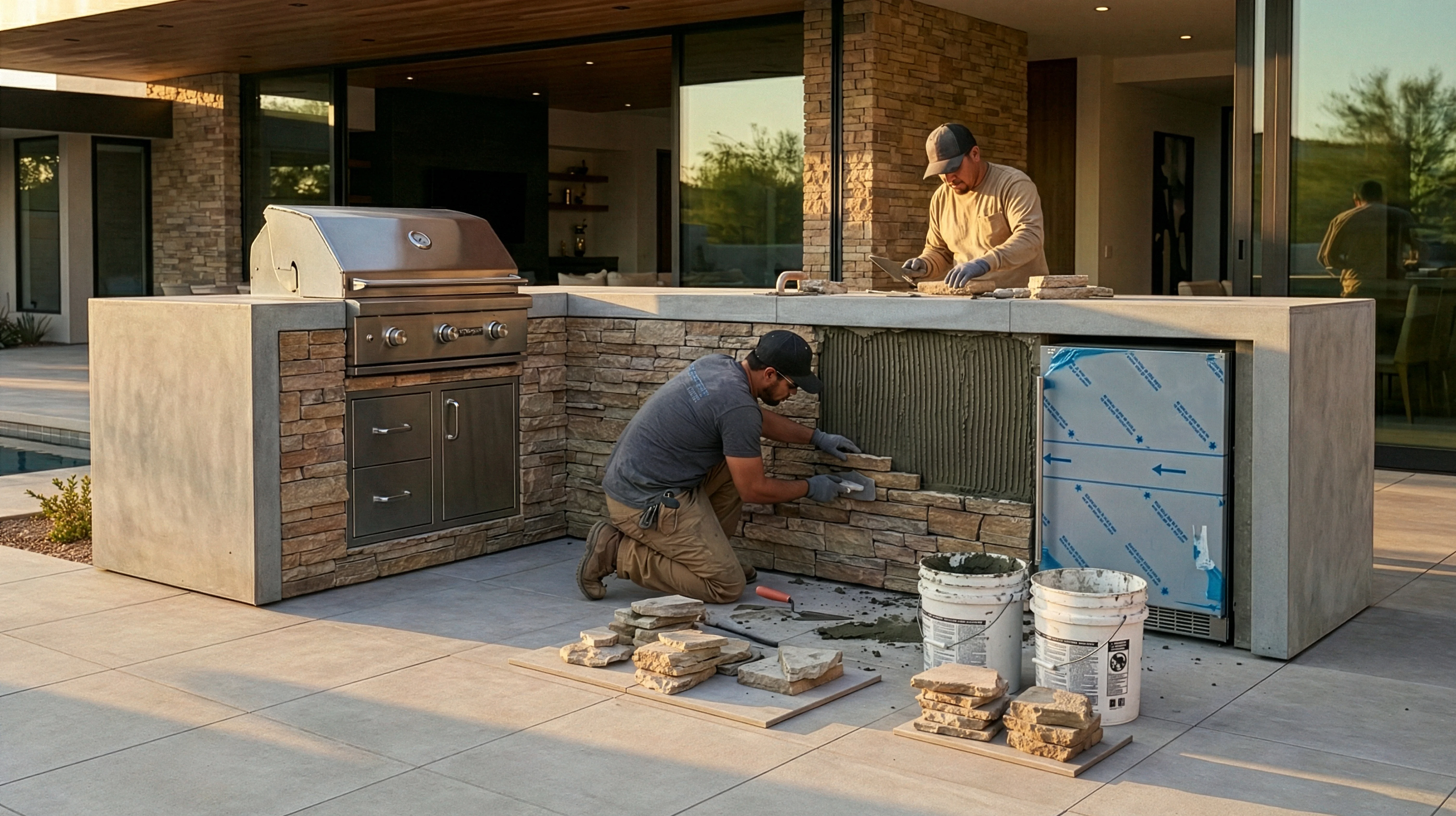 Contractors applying stone veneer to Isola
